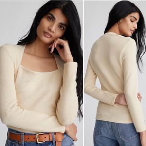 Anthropologie Square Neck Ivory Cream Long Sleeve Cozy Women Ribbed Knit Top
